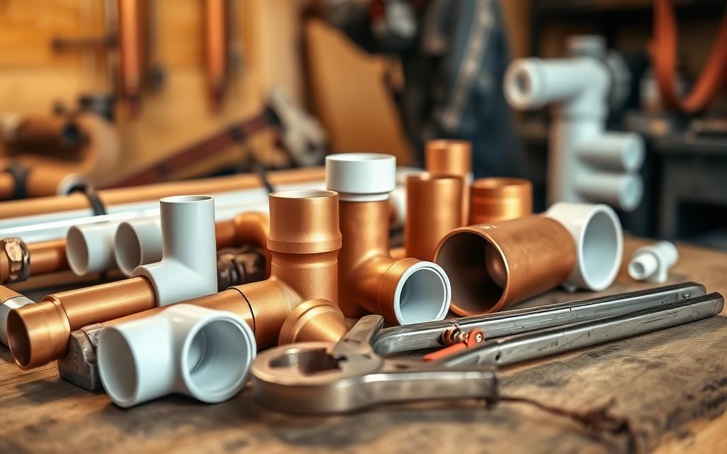 Plumbing pipework laid out on a workbench