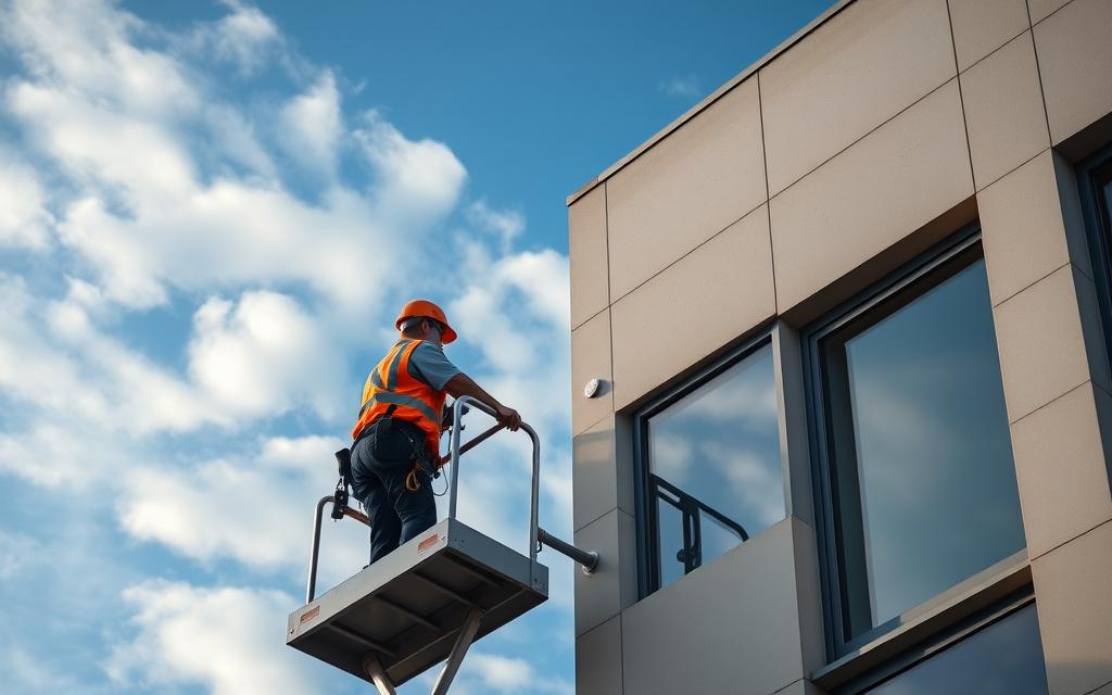 Maintenance technician working on a building exterior