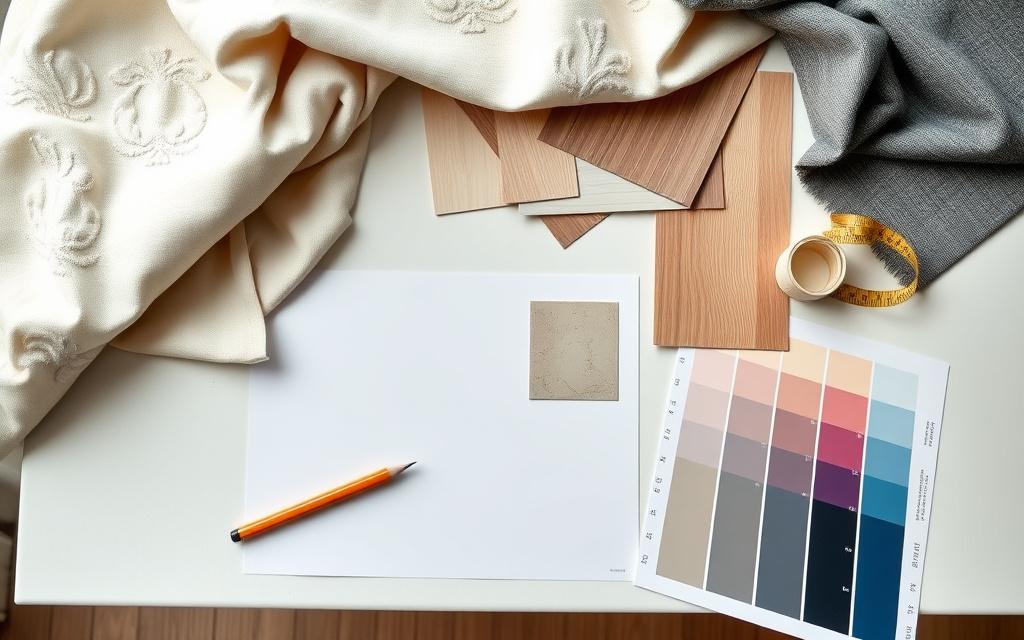 Material samples and mood board on a design table